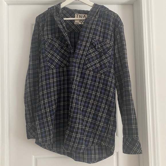 TNA Aritzia Flannel Button Down Hood Small Blue & Black - Picture 1 of 3